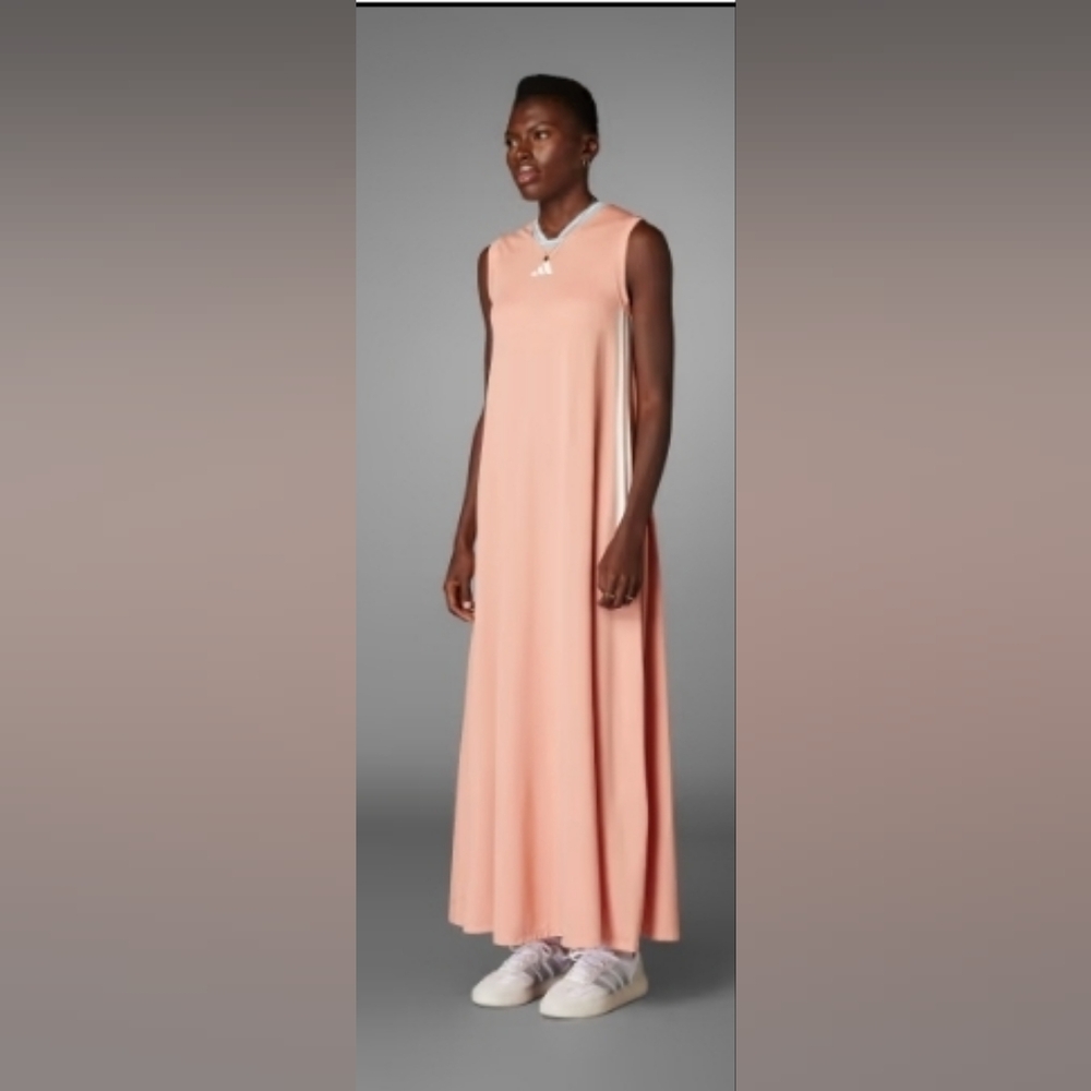 Adidas Blush Pink/White Stripe Sleeveless Maxi Dress. Dress Has Pockets!